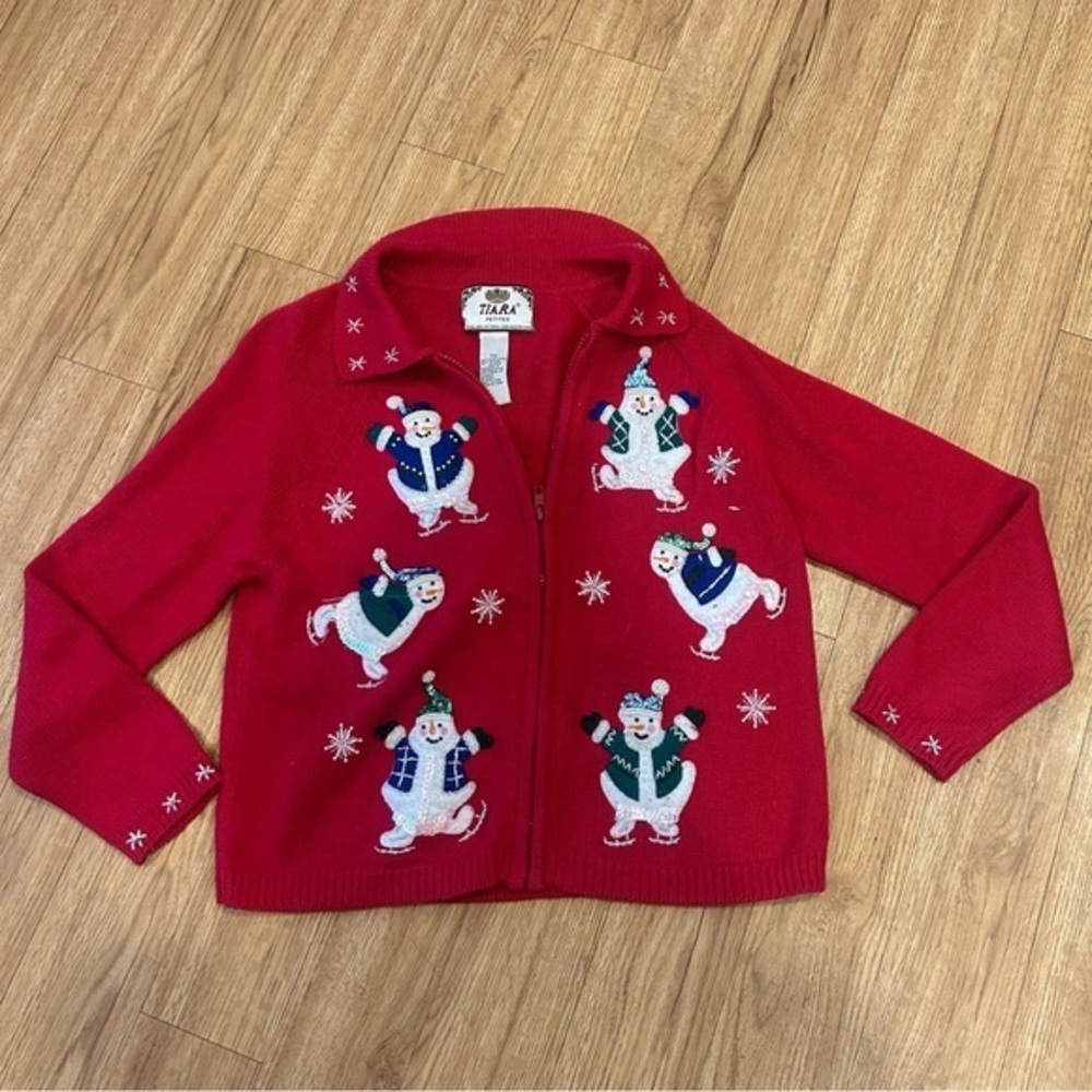Tiara International Sweater Womens Red Full Zip Christmas Snowman Sequins Sz PM
